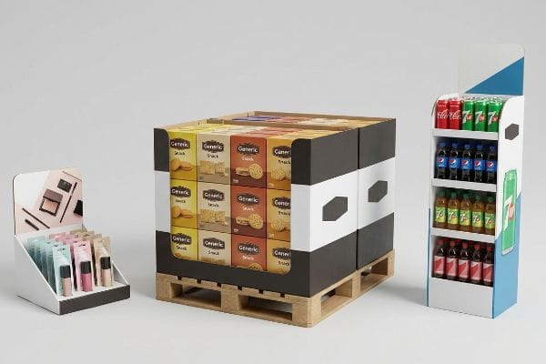 Wooden fractional pallet display showcasing Generic Snack boxes, alongside a white countertop makeup unit and a floor merchandiser with Coca-Cola, 7 Up, and Pepsi sodas.