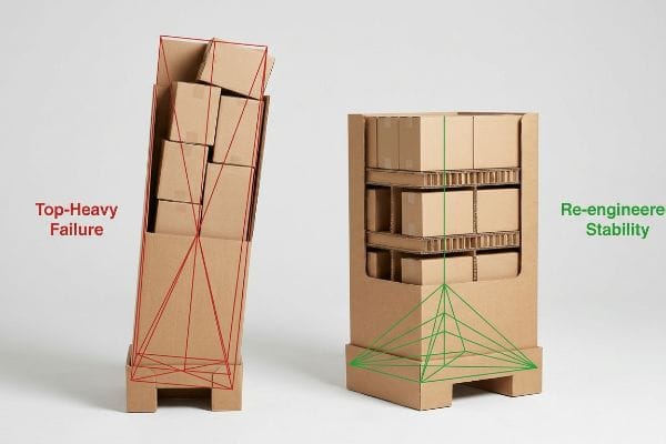 Corrugated cardboard display units demonstrate Top-Heavy Failure with red lines versus Re-engineered Stability with green lines for fractional pallets.
