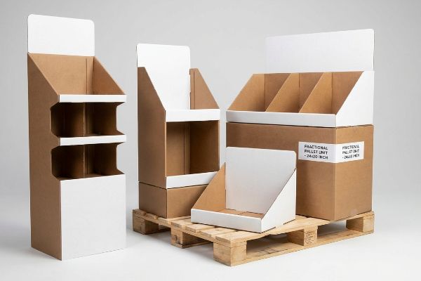 Brown kraft cardboard retail displays, including floor merchandisers, a countertop unit, and a box labeled 
