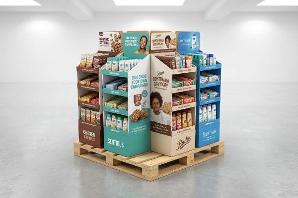 Fractional Pallet Display Example A multi-brand fractional quarter-pallet floor merchandiser on a wooden pallet, showcasing Boots, Sentious, Something Buttery, and Sunmare products, with text "Organic Saving," "Box Guide Your Own Campaigns," and "Chicken Awesomeness."