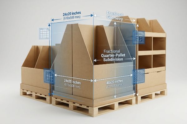 Cardboard retail display units on wooden pallets, illustrating 24x20 and 48x20 inch Fractional Quarter-Pallet Subdivision for optimal store layouts.