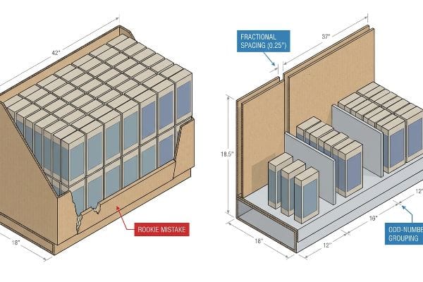 Corrugated retail display diagrams illustrate a Rookie Mistake of tight packing versus Fractional Spacing (0.25") and Odd-Number Grouping.