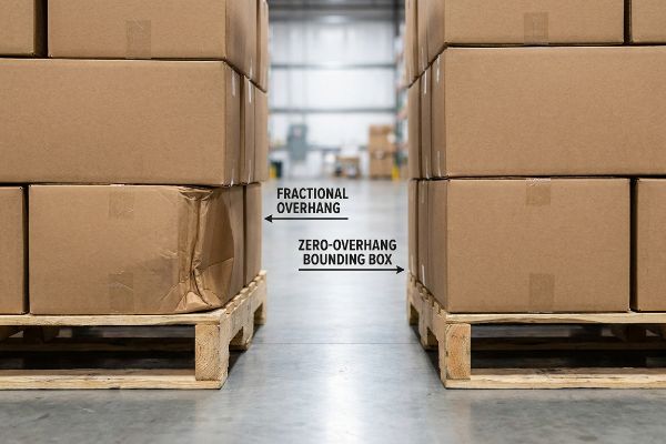 Brown cardboard boxes on pallets in a warehouse, showing Fractional Overhang with a damaged box on the left, and Zero-Overhang Bounding Box on the right.