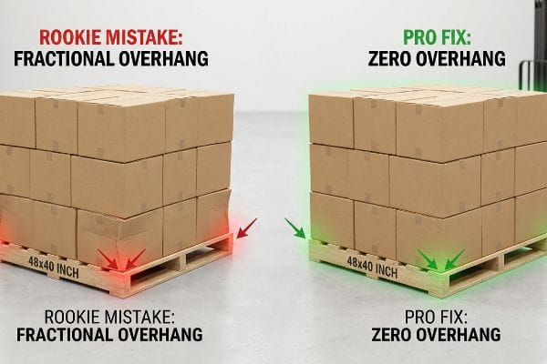 48×40インチのパレットに積まれた茶色の段ボール箱。初心者が犯しがちなミス：わずかなオーバーハングと、プロの解決策：最適な積み重ねのためのオーバーハングゼロを比較。.