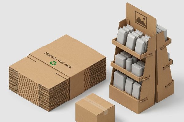 Corrugated cardboard retail solutions: a stack of 'Fragile - Flat Pack' boxes, a small shipping box, and a multi-tiered POP display filled with various packaged products.