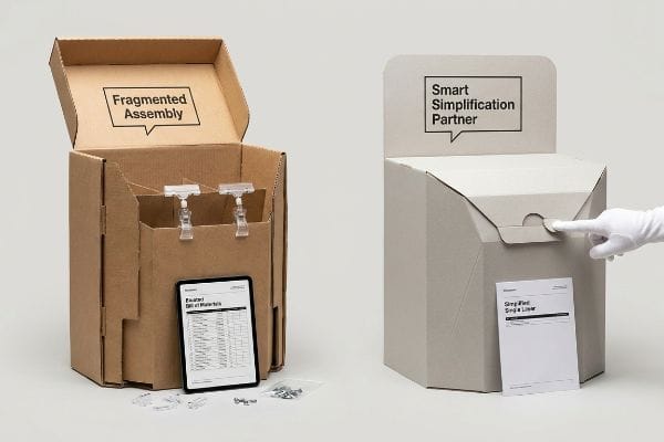 Brown corrugated box labeled 'Fragmented Assembly' with plastic clips and a 'Bloated Bill of Materials' tablet, contrasted with a grey 'Smart Simplification Partner' box featuring a hand pressing a 'Simplified Single Layer' paper lock.