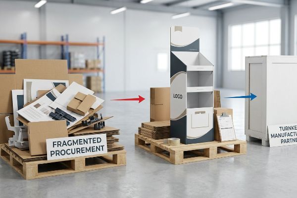 Fragmented Procurement of packaging parts transforms into a unified POP display by a Turnkey Manufacturing Partner.