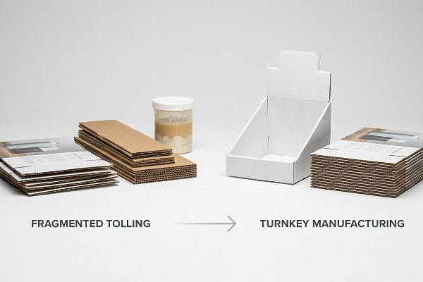 Flat corrugated cardboard, printed litho-sheets, and a jar of PVA glue represent Fragmented Tolling, contrasted with an assembled white display box and stacked components for Turnkey Manufacturing.