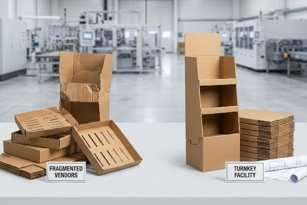 細分化された販売業者向けの段ボール製の部品（くしゃくしゃになった箱や平らなトレイなど）は、ターンキー方式の設備を備えた業者が提供する完全なディスプレイスタンドとは対照的である。.