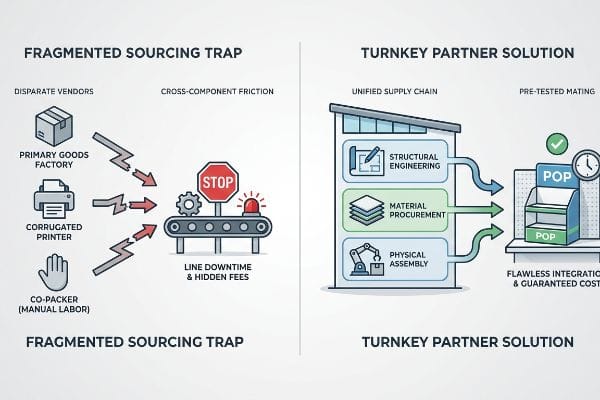 Infographic contrasts Fragmented Sourcing Trap (Disparate Vendors, Line Downtime) with Turnkey Partner Solution (Unified Supply Chain, Flawless Integration).