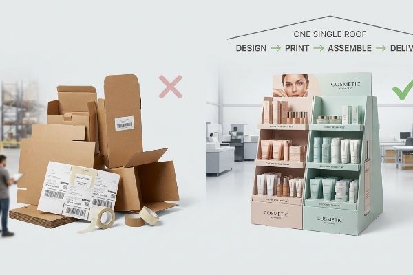 Fragmented corrugated boxes and tape contrast with a complete Cosmetic display, highlighting 'One Single Roof Design Print Assemble Deliver' for turnkey manufacturing.
