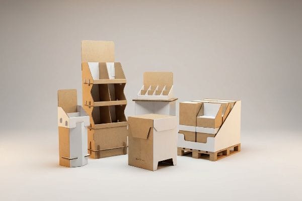 Cardboard POP Displays Showcasing various corrugated cardboard point-of-purchase displays, including freestanding floor units, countertop merchandisers, and a pallet structure.