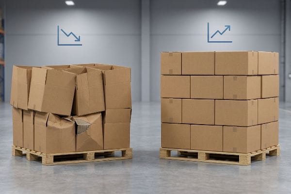 Cardboard boxes on pallets, one stack collapsed under a downward trend icon, the other stable under an upward trend icon, demonstrating freight damage versus structural integrity.