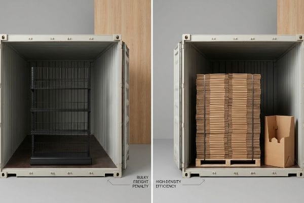Freight Penalty vs Efficiency Contrasting bulky welded wire rack freight penalty with high-density flat-pack corrugated box efficiency.