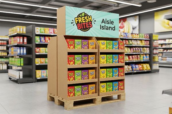 A supermarket aisle features a cardboard full-pallet display for Fresh Bites products, labeled