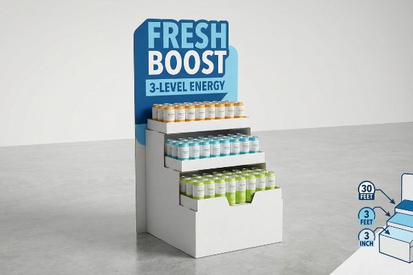 White three-tiered retail display for Fresh Boost 3-Level Energy drinks in yellow, blue, green cans, demonstrating 3-3-3 spatial engagement.