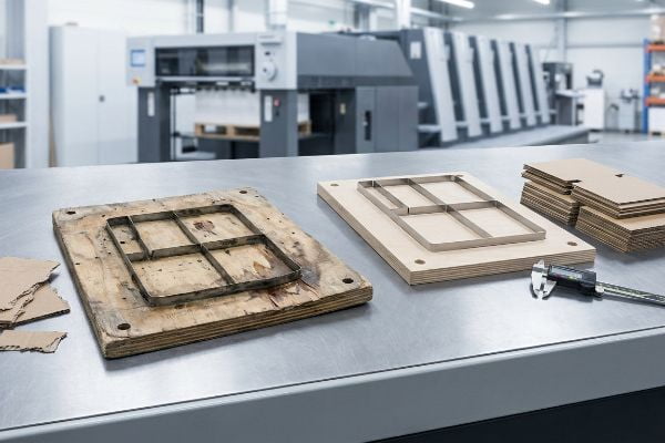 Worn plywood die board and new steel rule die with a digital caliper, demonstrating precision cutting and fresh tooling protocol.