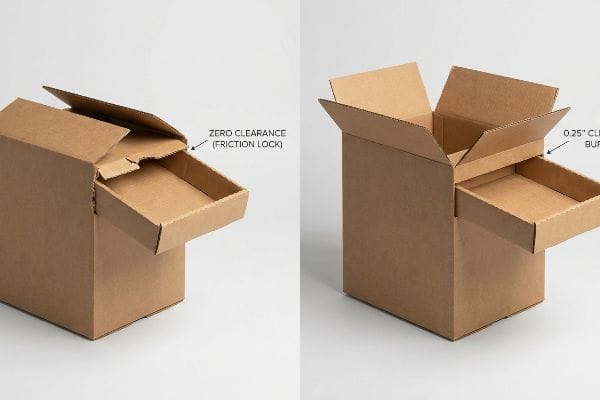 Las cajas de cartón corrugado muestran un espacio libre cero (bloqueo por fricción) frente a un margen de seguridad de 0,25 pulgadas para un desembalaje sencillo en el punto de venta.