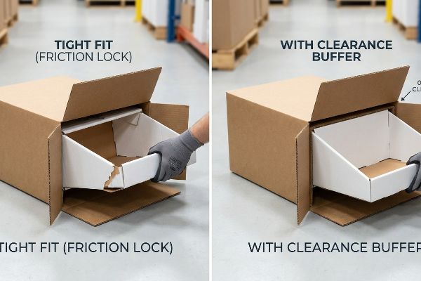 Corrugated master carton comparison: Damaged retail tray from Tight Fit (Friction Lock) vs. intact tray with 0.25-inch Clearance Buffer.