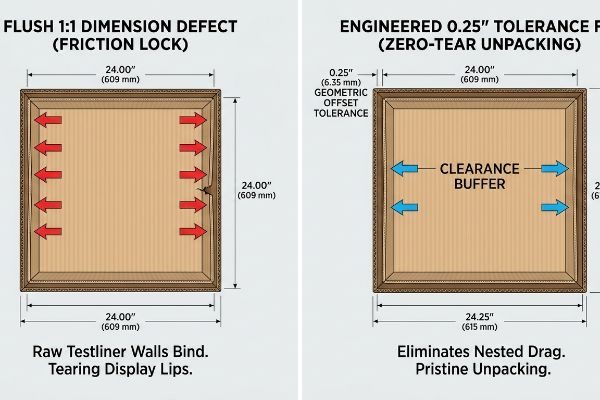 Diagramme von Wellpappkartons vergleichen einen bündigen 1:1-Maßfehler, bei dem die Wände der Roh-Testliner bei 24,00 Zoll aneinanderstoßen, mit einer konstruierten geometrischen Versatztoleranz von 0,25 Zoll, die einen Spielraum für ein reißfreies Auspacken schafft.