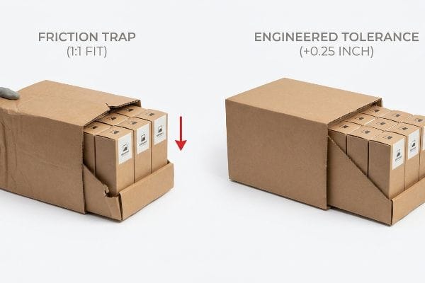 茶色の段ボール箱は、小売用トレイに対して+0.25インチのクリアランスを設けた設計公差に対して、1:1の摩擦トラップを示しています。.
