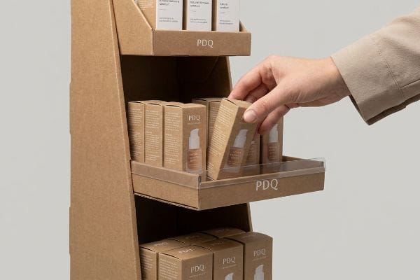 Frictionless Product Extraction Kraft cardboard PDQ retail display with a hand selecting a small product box, demonstrating frictionless extraction.