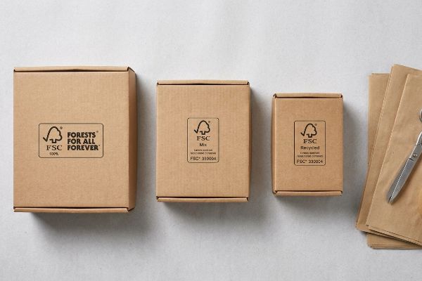 Three brown cardboard boxes showcase distinct FSC labels: FSC 100%, FSC Mix, and FSC Recycled, representing sustainable packaging.