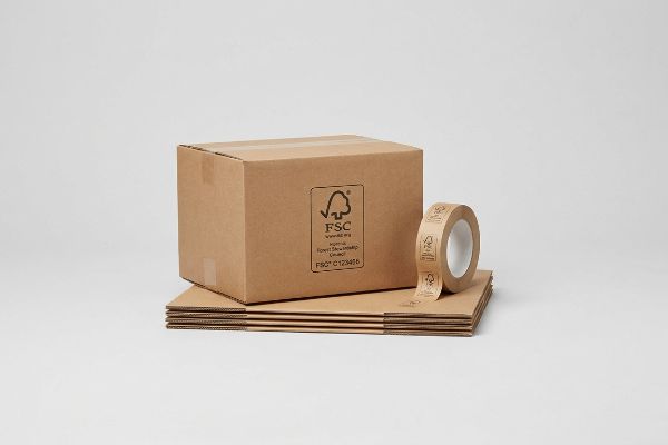 Brown corrugated FSC certified packaging box and tape, featuring the FSC® C123456 logo for sustainable paperboard.