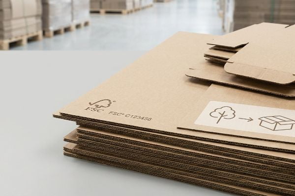Flat-packed FSC-certified corrugated cardboard sheets, displaying the FSC C123456 logo and a tree-to-box traceability icon.