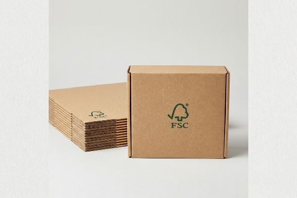 Brown corrugated cardboard boxes, one assembled and a stack of flat-packed, all displaying the green FSC certification logo.