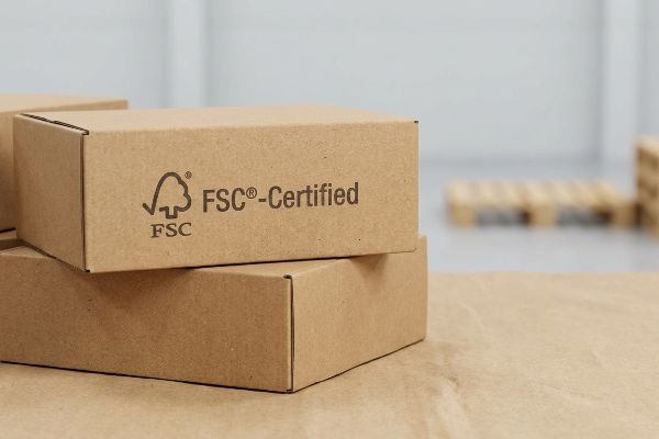 A stack of brown cardboard boxes prominently displays the FSC®-Certified logo, indicating sustainable packaging.