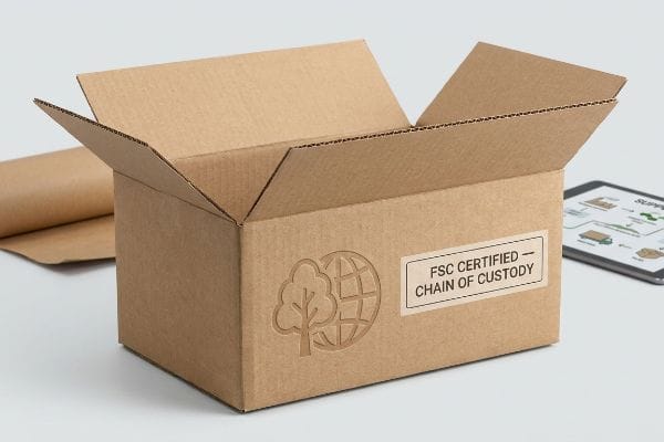 Boîte en carton ondulé portant le label FSC Certified - Chain of Custody, mettant en avant un emballage durable.