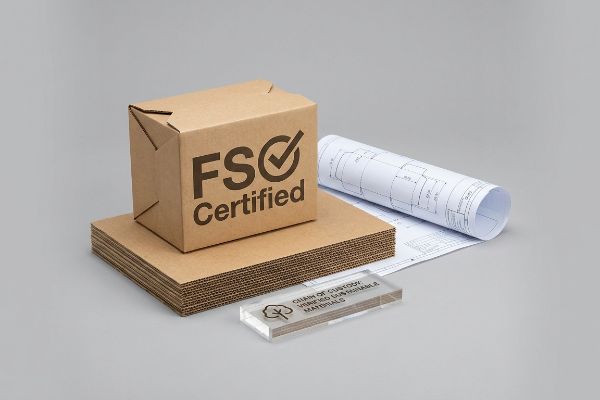 Brown FSC Certified corrugated box on a stack of cardboard sheets, with a rolled blueprint and a clear acrylic block stating 'Chain Of Custody: Verified Sustainable Materials'.