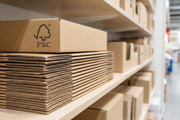 Shelves display flat-packed and assembled corrugated cardboard boxes, with one box prominently featuring the FSC certification logo.