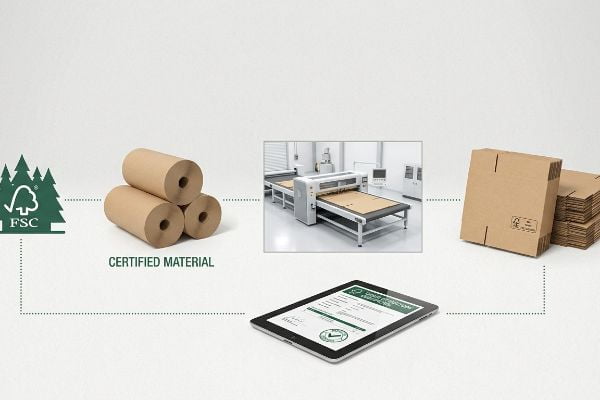 FSC-certified brown paper rolls transform into flat cardboard boxes via a digital cutting machine, with a tablet showing compliance documentation.