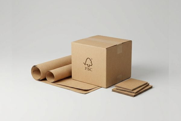 FSC certified brown cardboard box with kraft paper rolls and corrugated sheets, highlighting sustainable packaging materials.