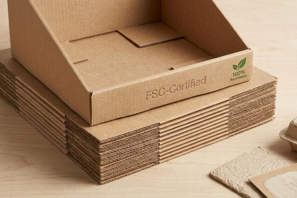 PDQ-Displays aus Wellpappe, flach verpackt und montiert, mit den Aufschriften „FSC-zertifiziert“ und „100 % recycelbar“.