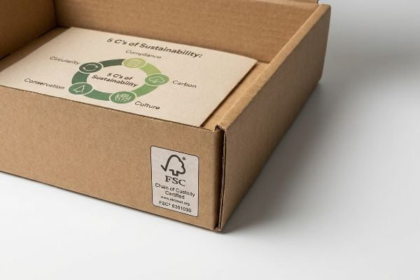 Brown cardboard box with '5 C's of Sustainability' diagram (Compliance, Circularity, Carbon, Culture, Conservation) and FSC Chain of Custody Certified label.