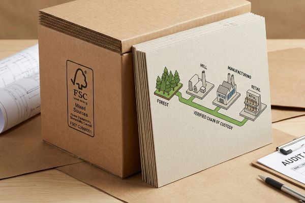 Brown corrugated box with an FSC Mixed Sources logo and a Chain of Custody infographic, showing Forest to Retail, next to an audit document.