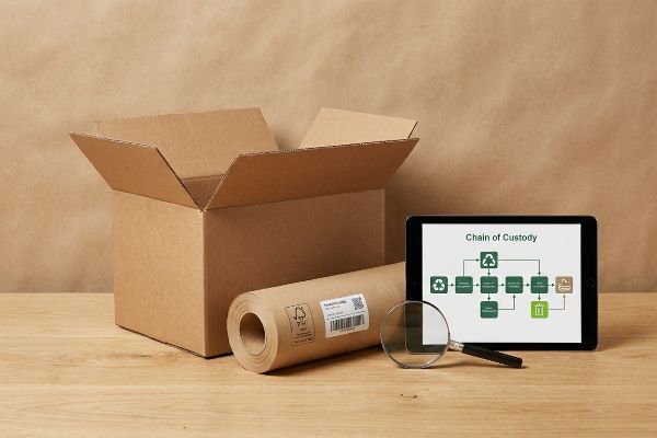 FSC certified unbleached kraft paper roll with 'Packaging Label', open box, magnifying glass, and tablet displaying 'Chain of Custody'.