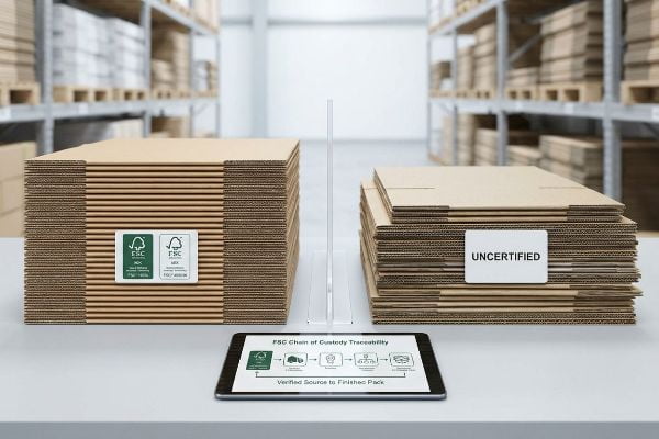FSC certified vs. Uncertified corrugated cardboard stacks, with a tablet showing Chain of Custody traceability.