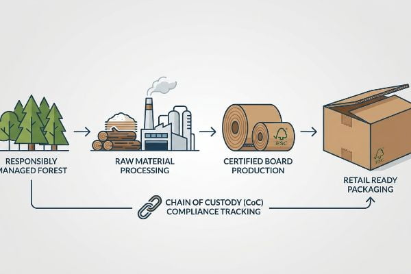FSC certified packaging supply chain from forest to retail, with CoC compliance tracking.