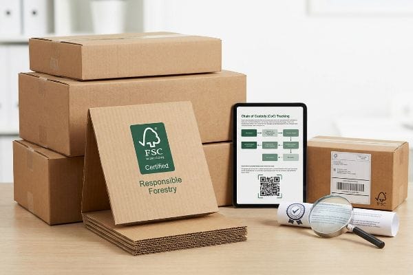 Das FSC-Siegel für verantwortungsvolle Forstwirtschaft auf Wellpappe, zusammen mit einer Tafel zur Kennzeichnung der Produktkettenverfolgung (Chain of Custody, CoC), unterstreicht die Nachhaltigkeit der Verpackung.