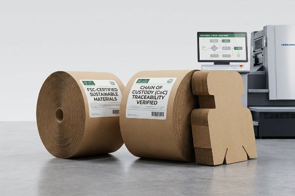 FSC-certified corrugated rolls, Chain of Custody (CoC) labels, flat-packed display components, and a Heidelberg machine monitoring material origin.
