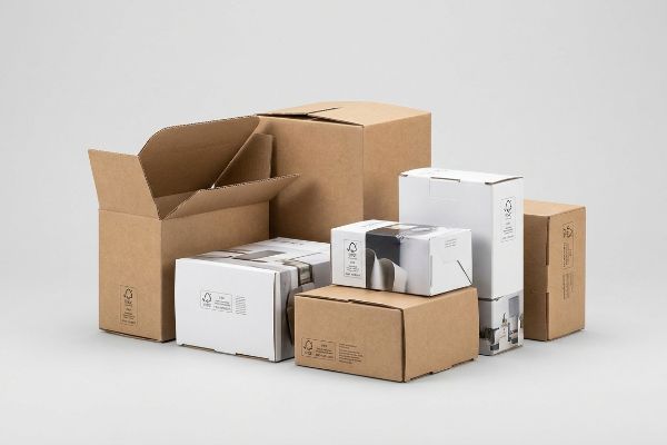 FSC-certified brown kraft and white corrugated cardboard packaging boxes, some open, showcasing sustainable materials.
