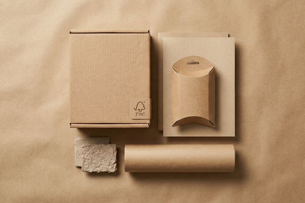 Eco-friendly packaging display: FSC-certified corrugated box, paperboard, and kraft paper on a brown background.