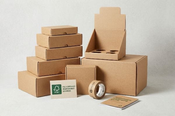 FSC認証を受けた責任ある調達元からの段ボール包装：小売用ディスプレイ、箱、バイオテープ、およびサステナビリティガイド。.