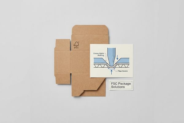 Brown FSC-certified kraft board dieline with a Grease Matrix Profiling diagram and 'FSC Package Solutions' card.