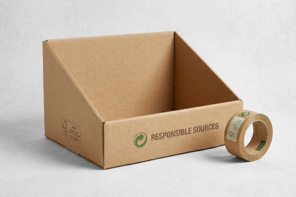Brown corrugated display box and kraft tape, both FSC certified with 'Responsible Sources' branding, for sustainable packaging.