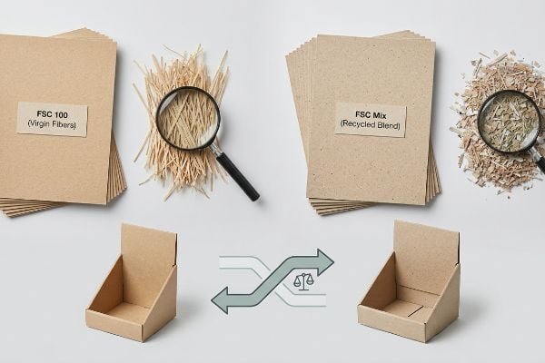 FSC 100 (Virgin Fibers) and FSC Mix (Recycled Blend) paper stacks, showing magnified long virgin fibers versus short recycled fibers, with cardboard display boxes.